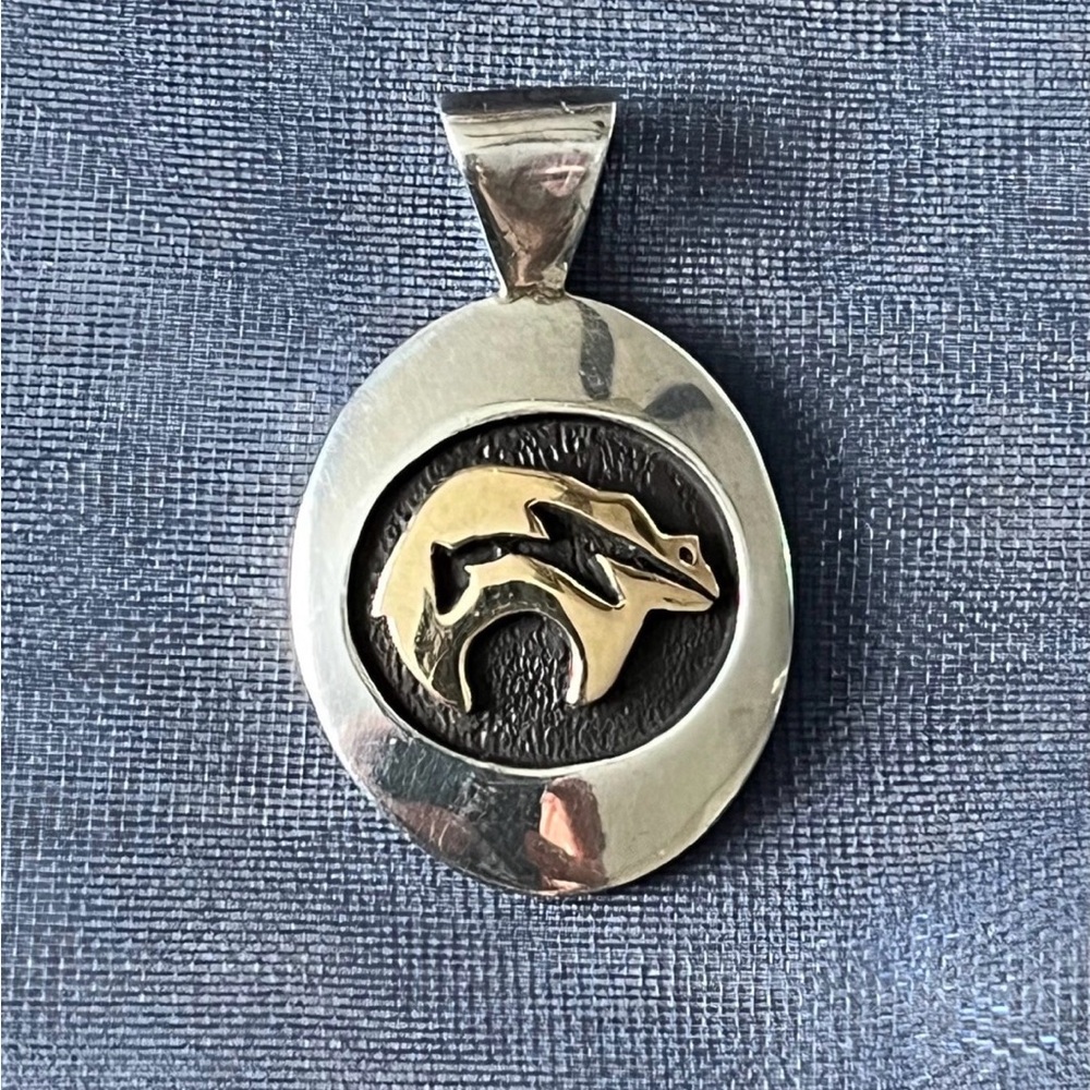 Vintage Sterling Silver & 14K Gold Navajo Bear Pendant Artisan Signed